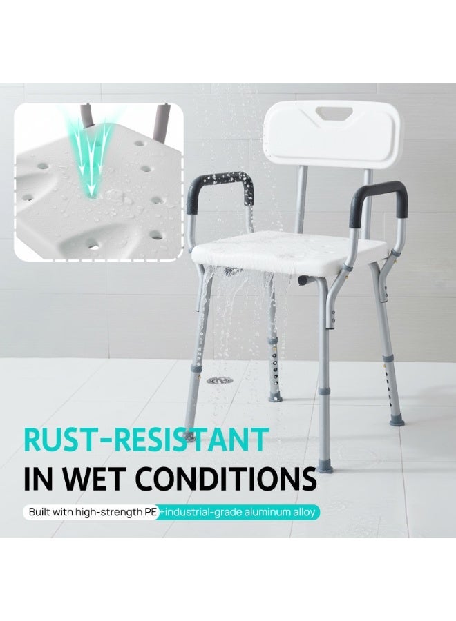 بازار بوريا كرسي استحمام PORIYA قابل للتعديل مع مقبض دعم، مقعد حمام مانع للانزلاق مع مسند ظهر وذراعين، إطار ألومنيوم خفيف الوزن، تركيب بدون أدوات، 6 مستويات ارتفاع، يتحمل حتى 136 كجم - Image 4